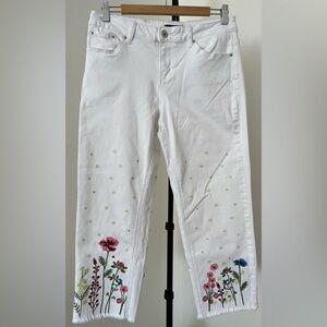 🌸 Earl Jeans Embroidered Floral Cropped Jeans – White Denim 12P 🌿